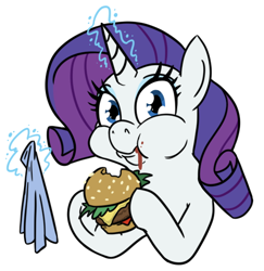Size: 508x523 | Tagged: safe, artist:jargon scott, derpibooru import, rarity, pony, unicorn, burger, cheeseburger, eating, female, food, glowing, glowing horn, hamburger, hoof hold, horn, ketchup vein, levitation, looking at you, magic, mare, meat, napkin, ponies eating meat, puffy cheeks, simple background, solo, telekinesis, vein bulge, white background
