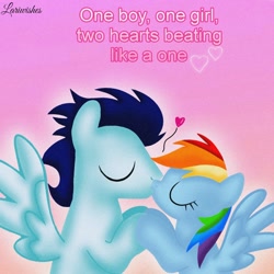 Size: 1400x1400 | Tagged: safe, artist:mlplary6, derpibooru import, rainbow dash, soarin', pegasus, pony, eyes closed, female, holding hooves, kiss on the lips, kissing, love, male, mare, romantic, shipping, soarindash, stallion, straight, text