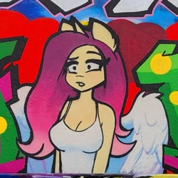 Size: 967x967 | Tagged: safe, artist:katputze, derpibooru import, oc, oc only, oc:crimson sunset, anthro, unicorn, angelic wings, breasts, busty oc, cleavage, clothes, female, graffiti, mare, not fluttershy, solo, traditional art, wings