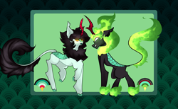 Size: 3181x1964 | Tagged: safe, artist:minty--fresh, derpibooru import, oc, kirin, nirik, angry, chest fluff, fetlock tuft, fluffy, golden eyes, horn, kirin oc, lipstick, male, red horn, reference sheet