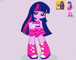 Size: 2048x1623 | Tagged: safe, artist:petaltwinkle, derpibooru import, twilight sparkle, human, equestria girls, anime, bare shoulders, boots, fall formal outfits, female, hand on hip, panty and stocking with garterbelt, purple background, shoes, simple background, sleeveless, solo, style emulation