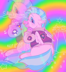 Size: 1440x1585 | Tagged: safe, artist:ariariari.png, derpibooru import, silverstream, hippogriff, clothes, female, jacket, looking at you, rainbow background, scene interpretation, smiling, solo, varsity jacket