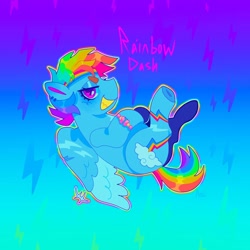 Size: 1440x1440 | Tagged: safe, artist:ariariari.png, derpibooru import, rainbow dash, pegasus, pony, bracelet, ear piercing, friendship bracelet, gradient background, grin, headband, jewelry, piercing, redesign, smiling, solo