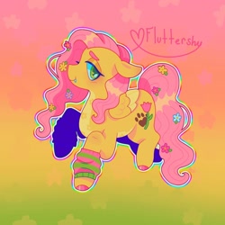 Size: 1440x1440 | Tagged: safe, artist:ariariari.png, derpibooru import, fluttershy, pegasus, pony, alternate cutie mark, clothes, fangs, flower, flower in hair, gradient background, leg warmers, redesign, solo
