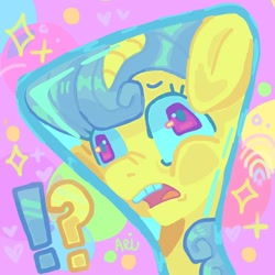 Size: 1000x1000 | Tagged: safe, artist:ariariari.png, derpibooru import, lemon hearts, pony, unicorn, exclamation point, flask, flaskhead hearts, interrobang, question mark, solo, squished