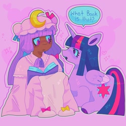 Size: 1440x1440 | Tagged: safe, artist:ariariari.png, derpibooru import, twilight sparkle, twilight sparkle (alicorn), alicorn, human, pony, book, clothes, crossover, dark skin, duo, female, hat, mare, nightcap, nightgown, patchouli knowledge, speech bubble, touhou, twichouli