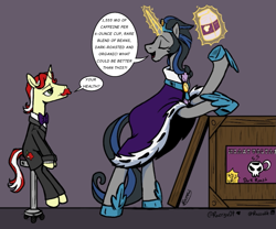 Size: 1305x1084 | Tagged: safe, artist:razzy, derpibooru import, flam, king sombra, pony, unicorn, clothes, coffee, couple, crack shipping, duo, facial hair, flambra, gay, gay couple, good king sombra, height difference, jewelry, magic, magic aura, male, mirror universe, moustache, regalia, shipping, silly, stallion, talking