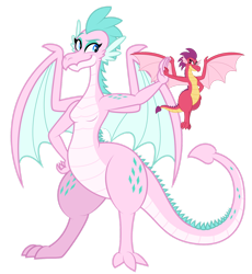 Size: 1280x1391 | Tagged: safe, artist:aleximusprime, derpibooru import, oc, oc only, oc:barb the dragon, oc:queen chara, dragon, flurry heart's story, breasts, dragon oc, dragoness, duo, duo female, female, flying, high five, lizard breasts, looking at each other, looking at someone, mother and child, mother and daughter, mother's day, non-pony oc, parent and child, simple background, size difference, spike's family, spike's mother, spike's sister, spikes, spread wings, transparent background, wide hips, wings