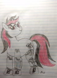 Size: 2416x3264 | Tagged: safe, artist:dust, derpibooru exclusive, derpibooru import, oc, oc:blackjack, cyborg, pony, unicorn, fallout equestria, fallout equestria: project horizons, colored, colored pencil drawing, cyber eyes, cyber legs, fanfic art, female, horn, lined paper, pencil drawing, prosthetic leg, prosthetic limb, prosthetics, small horn, smiling, solo, traditional art