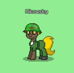 Size: 828x823 | Tagged: safe, derpibooru import, oc, oc only, oc:mikowsky, earth pony, pony, camofluage helmet, clothes, earth pony oc, green background, helmet, pony town, simple background, solo, vietnam war