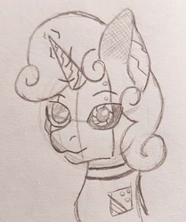 Size: 1440x1721 | Tagged: safe, artist:chacarron, derpibooru import, sweetie belle, sweetie bot, pony, robot, robot pony, unicorn, bust, monochrome, sketch, solo, traditional art