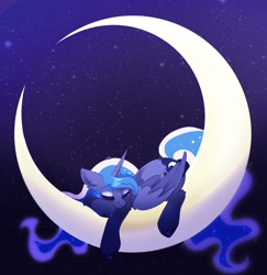 Size: 1534x1580 | Tagged: safe, artist:cinnamontee, derpibooru import, princess luna, alicorn, pony, crescent moon, eyes closed, female, folded wings, horn, mare, moon, night, night sky, sky, sleeping, sleeping on moon, solo, stars, tangible heavenly object, transparent moon, wings