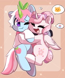 Size: 2845x3386 | Tagged: safe, artist:sakukitty, derpibooru import, oc, oc only, oc:saku, alicorn, pony, alicorn oc, cute, duo, eyes closed, female, folded wings, high res, horn, hug, mare, ocbetes, one eye closed, open mouth, smiling, thought bubble, wings