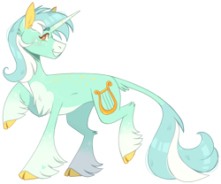 Size: 1125x938 | Tagged: safe, alternate version, artist:wanderingpegasus, derpibooru import, lyra heartstrings, classical unicorn, pony, unicorn, chest fluff, cloven hooves, concave belly, ear fluff, ears, grin, horn, leonine tail, raised hoof, raised leg, simple background, smiling, solo, tail, transparent background, unshorn fetlocks