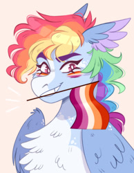 Size: 1068x1373 | Tagged: safe, artist:wanderingpegasus, derpibooru import, rainbow dash, pegasus, pony, bust, chest fluff, face paint, flag, headcanon, lesbian pride flag, mouth hold, mouthpiece, pink background, portrait, pride, pride flag, sexuality headcanon, simple background, smiling