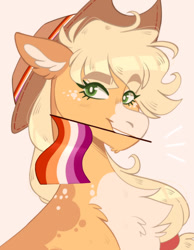 Size: 1068x1373 | Tagged: safe, artist:wanderingpegasus, derpibooru import, applejack, earth pony, pony, bust, chest fluff, face paint, flag, headcanon, lesbian pride flag, mouth hold, mouthpiece, pink background, portrait, pride, pride flag, sexuality headcanon, simple background, smiling