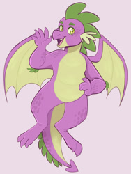 Size: 1008x1344 | Tagged: safe, artist:wanderingpegasus, derpibooru import, spike, dragon, male, open mouth, open smile, pink background, simple background, smiling, solo, waving, winged spike, wings