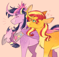 Size: 1280x1233 | Tagged: safe, artist:wanderingpegasus, derpibooru import, sunset shimmer, twilight sparkle, twilight sparkle (alicorn), alicorn, pony, unicorn, chest fluff, curved horn, duo, female, heart, horn, lesbian, shipping, simple background, smiling, sunsetsparkle