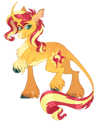 Size: 1640x2048 | Tagged: safe, artist:wanderingpegasus, derpibooru import, sunset shimmer, classical unicorn, pony, unicorn, chest fluff, cloven hooves, concave belly, curved horn, female, hoof fluff, horn, leonine tail, mare, pale belly, raised hoof, raised leg, simple background, smiling, solo, transparent background, unshorn fetlocks