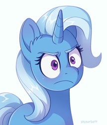 Size: 1332x1546 | Tagged: safe, artist:skysorbett, derpibooru exclusive, derpibooru import, trixie, pony, unicorn, g4, angry, blushing, colored eyebrows, female, half body, mare, simple background, solo, white background, ಠ ಠ