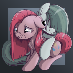 Size: 1000x1000 | Tagged: safe, artist:candy meow, derpibooru import, marble pie, pinkie pie, earth pony, pony, chest fluff, depressed, duo, ear fluff, ears, female, floppy ears, hug, looking down, mare, pinkamena diane pie, sad, simple background, sitting, support