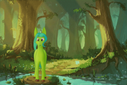 Size: 1024x684 | Tagged: safe, artist:kujivunia, derpibooru import, edit, oc, oc only, earth pony, big ears, dryad, ears, earth pony oc, forest, full body, pixelated, solo