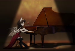 Size: 6000x4093 | Tagged: safe, artist:hichieca, derpibooru import, oc, oc only, oc:boggy, bat pony, pony, absurd resolution, alcohol, bat pony oc, clothes, dress, eyes closed, female, glass, mare, musical instrument, piano, sitting, socks, solo, wine, wine glass