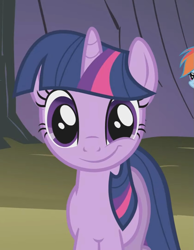 Size: 837x1080 | Tagged: safe, derpibooru import, screencap, rainbow dash, twilight sparkle, unicorn twilight, pegasus, pony, unicorn, dragonshy, season 1, cropped, duo, female, looking at you, mare, offscreen character, smiling, smirk