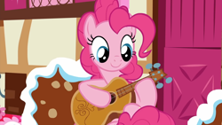 Size: 1920x1080 | Tagged: safe, derpibooru import, screencap, pinkie pie, earth pony, pony, honest apple, season 7, 1080p, cute, diapinkes, door, female, guitar, happy, mare, musical instrument, smiling, solo, sugarcube corner