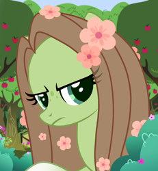 Size: 1080x1167 | Tagged: safe, artist:cstrawberrymilk, derpibooru import, oc, oc only, oc:lumina, pegasus, pony, apple, apple tree, bust, female, flower, flower in hair, frown, looking at you, mare, portrait, solo, tree