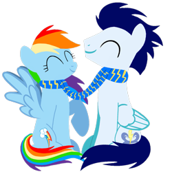 Size: 1099x1099 | Tagged: safe, artist:mlplary6, derpibooru import, rainbow dash, soarin', pegasus, pony, ^^, clothes, duo, eyes closed, female, love, male, mare, romantic, scarf, shared clothing, shared scarf, shipping, simple background, sitting, smiling, soarindash, stallion, straight, transparent background, vector
