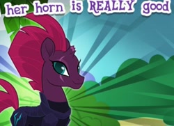 Size: 596x432 | Tagged: safe, derpibooru import, edit, tempest shadow, pony, unicorn, broken horn, cropped, female, gameloft, horn, mare, meme, solo, wow! glimmer