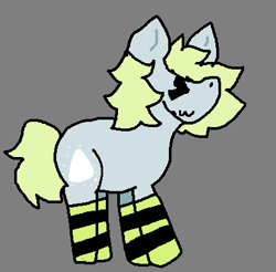 Size: 407x400 | Tagged: safe, artist:jellyhooves, derpibooru import, oc, oc only, oc:kaolin, pony, :3, ><, clothes, cute, eyes closed, gray background, simple background, socks, solo, striped socks, thigh highs