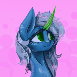 Size: 3000x3000 | Tagged: safe, artist:anastas, derpibooru import, oc, oc only, oc:cyanite star, crystal pony, hybrid, original species, pony, unicorn, blue coat, blue fur, blue hair, blue mane, bust, crystal, crystal horn, curved horn, cute, emerald, green eyes, horn, oda 1997, pink background, portrait, simple background, sketch, smiling, solo, sternocleidomastoid, transformation