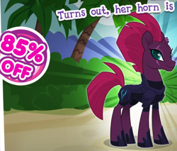 Size: 780x663 | Tagged: safe, derpibooru import, edit, fizzlepop berrytwist, tempest shadow, pony, unicorn, armor, broken horn, concave belly, cropped, dark comedy, discount, english, female, funny, gameloft, horn, mare, meme, my little pony: magic princess, numbers, sale, scar, slim, solo, text, thin, wow! glimmer