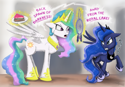 Size: 4100x2849 | Tagged: safe, artist:chopsticks, derpibooru import, princess celestia, princess luna, alicorn, pony, angry, cake, cakelestia, cheek fluff, chest fluff, concave belly, crown, dialogue, dreamcatcher, duo, duo female, ears, ethereal mane, ethereal tail, female, floppy ears, food, glowing, glowing horn, gritted teeth, height difference, hissing, hoof shoes, horn, jewelry, jumping, looking at each other, looking at someone, magic, mare, peytral, plate, princess shoes, raised hoof, raised leg, regalia, royal sisters, sibling rivalry, siblings, sisters, spread wings, tail, teeth, telekinesis, text, that pony sure does love cakes, threatening, unshorn fetlocks, wings, yelling