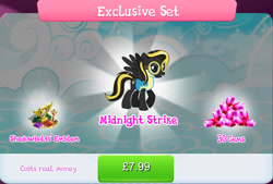 Size: 1271x861 | Tagged: safe, derpibooru import, midnight strike, pegasus, pony, aviator goggles, book, bundle, bush, clothes, costs real money, english, female, flight suit, gameloft, gem, goggles, mare, mobile game, my little pony: magic princess, numbers, official, sale, solo, spread wings, text, wings
