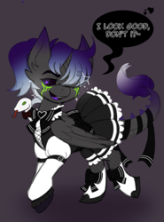 Size: 767x1035 | Tagged: safe, artist:woofpoods, derpibooru import, oc, oc only, oc:dtaygo, bat pony, demon, demon pony, pony, snake, 2d, clothes, clothes swap, maid, outfit, snek, solo, stockings, thigh highs