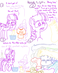 Size: 4779x6013 | Tagged: safe, artist:adorkabletwilightandfriends, derpibooru import, spike, twilight sparkle, twilight sparkle (alicorn), oc, oc:pinenut, alicorn, cat, comic:adorkable twilight and friends, adorkable, adorkable twilight, clothes, comic, concerned, concerned pony, cute, detrot, dork, funny, hiding, holding, holding up, humor, kitten, laundry, laundry basket, magic, pinebetes, purring, shirt, slice of life, sock thief, socks, thief, toilet, watching