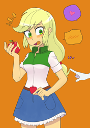 Size: 2894x4093 | Tagged: safe, artist:haibaratomoe, derpibooru import, applejack, rarity, equestria girls, apple, belt, blushing, clothes, denim, denim skirt, duo, eating, female, food, freckles, hand, heart, lesbian, offscreen character, open mouth, orange background, pointing, rarijack, shipping, shirt, simple background, skirt, speech bubble