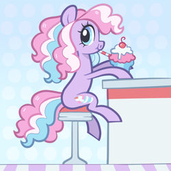 Size: 5000x5000 | Tagged: safe, artist:pilesofmiles, derpibooru import, earth pony, pony, g1, g4, diner, drink, drinking straw, food, g1 to g4, generation leap, looking at you, milkshake, multicolored hair, polka dot background, scenery, show accurate, sitting, solo