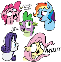 Size: 2052x2089 | Tagged: safe, artist:doodledonut, artist:doodledonutart, derpibooru import, fluttershy, pinkie pie, rainbow dash, rarity, spike, dragon, earth pony, pegasus, pony, unicorn, anxiety, anxious, bored, bust, derp, dialogue, faic, female, male, mare, simple background, white background