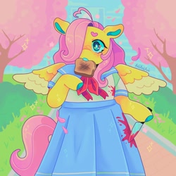 Size: 1440x1440 | Tagged: safe, artist:ariariari.png, derpibooru import, fluttershy, pegasus, semi-anthro, blood, bloody knife, bread, clothes, food, hair over one eye, knife, sailor uniform, schoolgirl toast, solo, spread wings, toast, uniform, wings