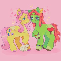 Size: 1440x1440 | Tagged: safe, artist:ariariari.png, derpibooru import, fluttershy, tree hugger, earth pony, pegasus, pony, bracelet, duo, female, flutterhugger, folded wings, jewelry, lesbian, lesbian pride flag, nonbinary, nonbinary pride flag, pink background, pride, pride flag, queerplatonic, shipping, simple background, wings