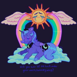 Size: 1440x1440 | Tagged: safe, artist:ariariari.png, derpibooru import, princess luna, alicorn, pony, black background, cloud, crying, rainbow, s1 luna, simple background, solo, spread wings, sun, text, wings