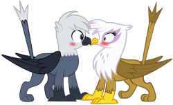 Size: 2447x1485 | Tagged: safe, artist:ponygamer2020, derpibooru import, gilda, oc, oc:grey, oc:grey the griffon, griffon, beak, blushing, boop, canon x oc, cute, duo, duo male and female, embarrassed, female, griffon oc, griffonstone, hair, male, noseboop, shipping, simple background, straight, tail, transparent background, vector, wings