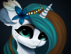 Size: 1954x1500 | Tagged: safe, artist:minckies, derpibooru import, oc, oc only, pony, unicorn, black background, bust, ear fluff, ears, flower, flower in hair, horn, simple background, solo, unicorn oc