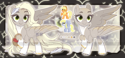 Size: 2013x941 | Tagged: safe, artist:koribooo, derpibooru import, applejack, derpy hooves, oc, earth pony, pegasus, pony, bald, coat markings, female, magical lesbian spawn, mare, offspring, parent:applejack, parent:derpy hooves, pegasus oc, raised hoof, raised leg, smiling, socks (coat marking)