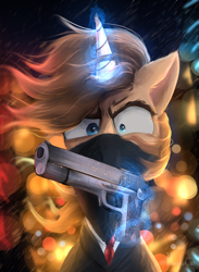 Size: 2491x3412 | Tagged: safe, artist:harukiicat, derpibooru exclusive, derpibooru import, oc, oc:harry cog, pony, unicorn, bandana, clothes, furious, glowing, glowing horn, gun, handgun, horn, looking at you, magic, magic aura, male, solo, stallion, weapon, wind