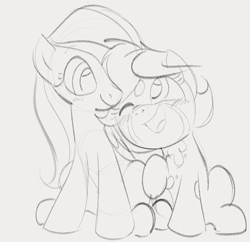 Size: 755x731 | Tagged: safe, artist:dotkwa, derpibooru import, fluttershy, oc, oc:deary dots, earth pony, pegasus, pony, canon x oc, duo, female, gray background, grayscale, lesbian, mare, monochrome, nuzzling, one eye closed, open mouth, open smile, shipping, simple background, smiling